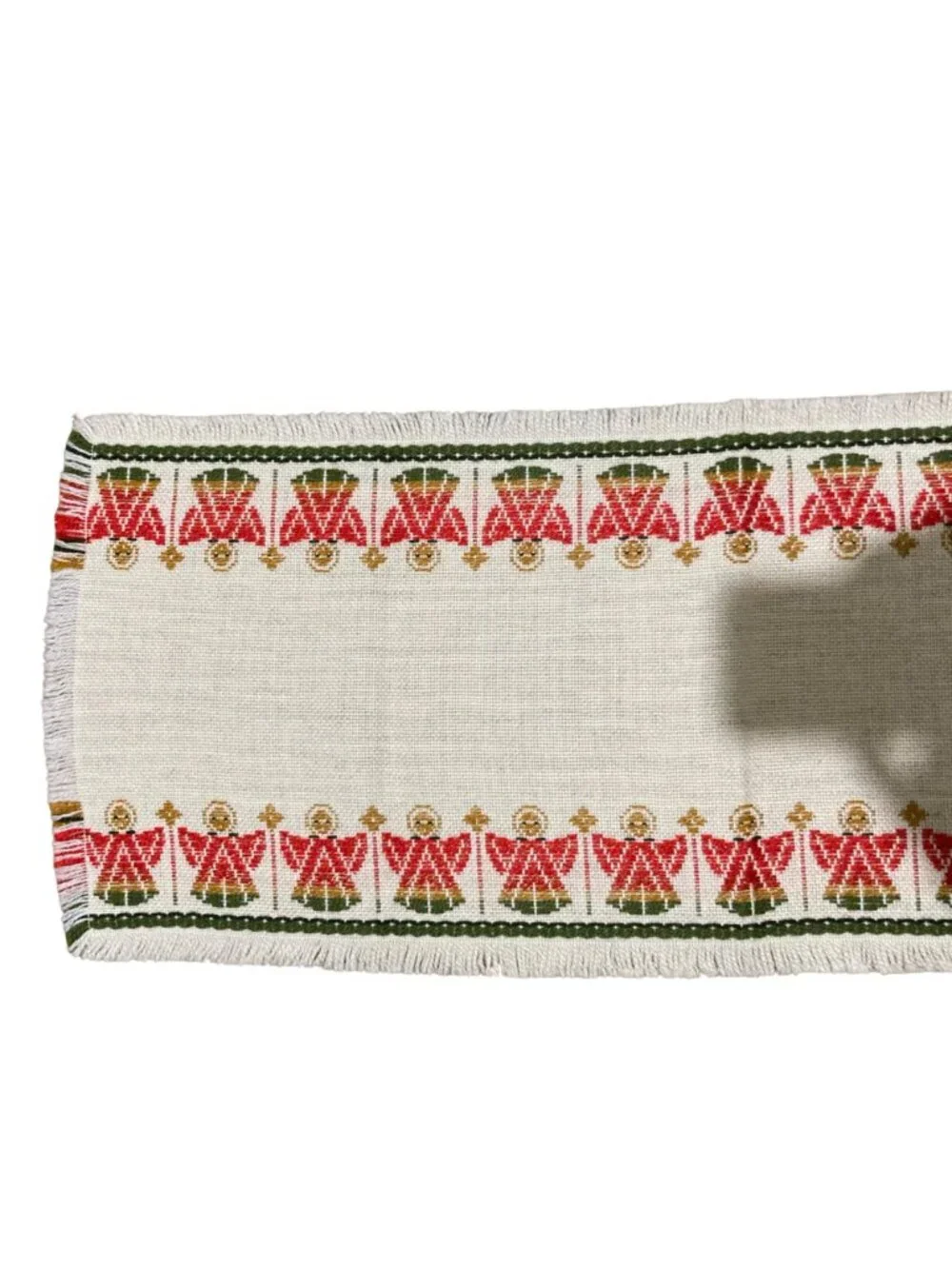 Vintage Handwoven Table Runner With Red & Green Angel Motif 40